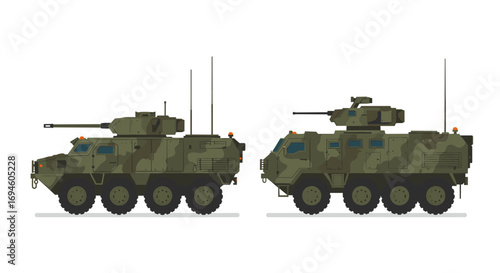 Military armored vehicles in flat side view with camouflage pattern