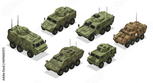 Military armored vehicles in isometric view with camouflage design
