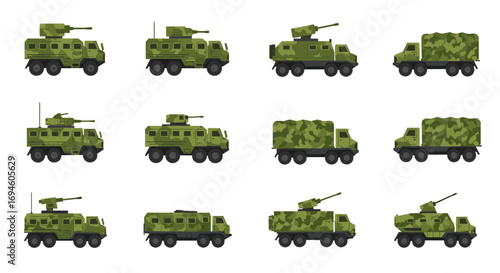 Set of military armored vehicles with camouflage pattern side views