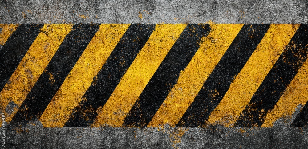 Fototapeta premium Cautionary yellow and black diagonal stripes on weathered concrete