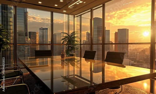 Modern Conference Room with City View at Sunset Office Interior
