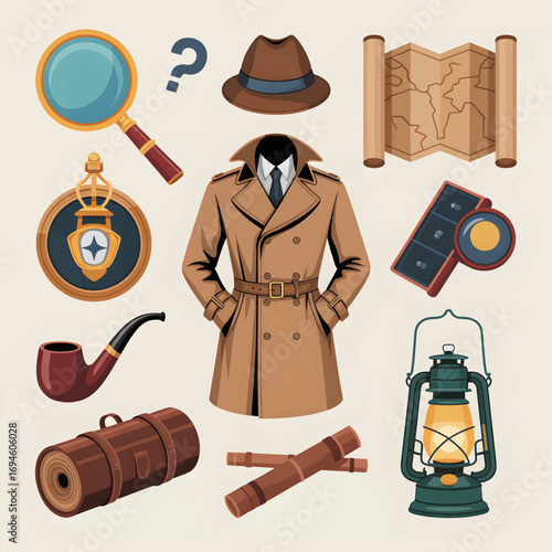 Detective's essential gear featuring a trench coat magnifying glass map pipe and lantern perfect for mystery novels crime stories and vintage detective themes creating an atmosphere of intrigue