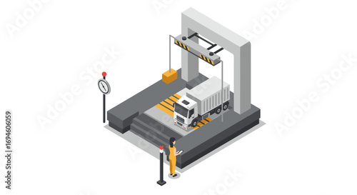 Isometric weighing station with truck and worker in industrial setting