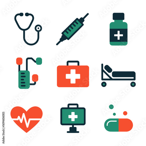 Medical icons set featuring a stethoscope syringe medicine bottle blood pressure monitor first aid kit hospital bed heart rate medical monitor and capsule ideal for healthcare and wellness designs