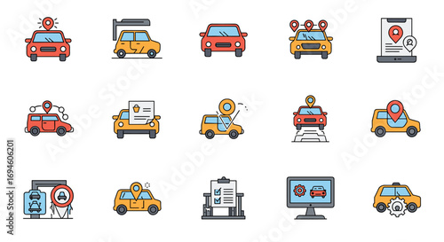 Colorful car sharing and navigation icons featuring maps and location markers