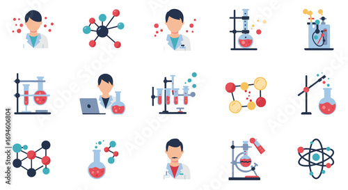 Scientific research icons: flat style chemistry lab equipment and scientists