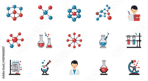 Chemistry lab icons set featuring molecules and equipment in flat style