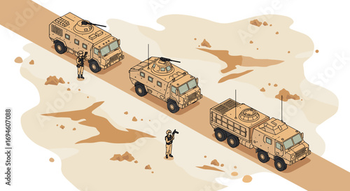 Isometric military convoy with armored vehicles in desert