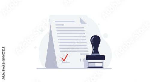 Official document approval with checkmark and rubber stamp icon