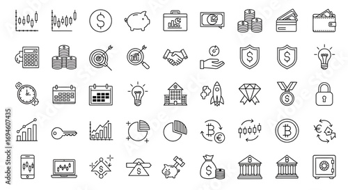 A comprehensive set of thin line icons representing concepts of finance, business management, investment strategy, and digital currency