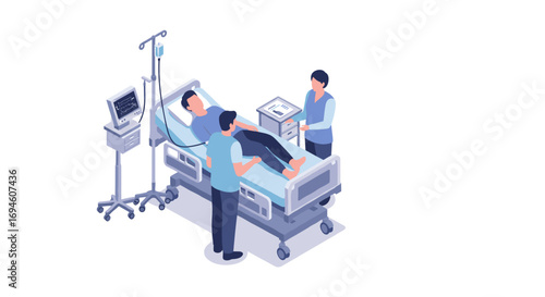 Isometric hospital scene with medical team and patient in a modern healthcare setting