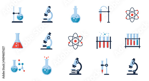 Colorful flat lab equipment and science icons for educational uses