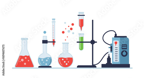 Chemistry lab equipment with colorful liquids in flat design
