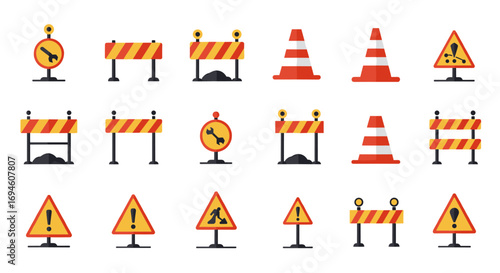 Construction and road safety signs: traffic cones and warning symbols collection