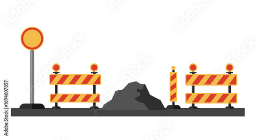 Flat urban construction barriers with traffic signs and roadblock