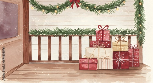 Festive holiday gifts stacked on a decorated porch, illuminated by softly falling snow. 