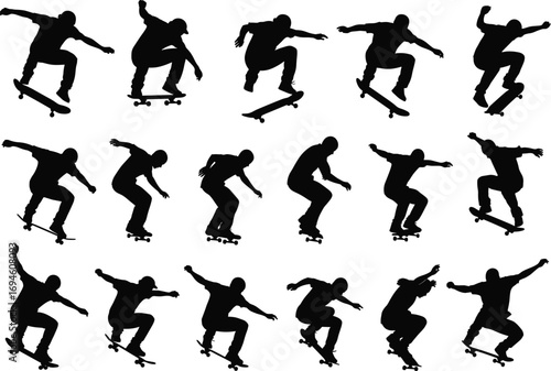 Silhouette Skateboarder Vector Set Performing Tricks and Jumps in Motion Isolated on White Background for Sports and Urban Design