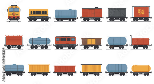 Colorful train car collection: diverse freight and passenger cars in flat design