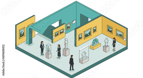 Isometric art gallery interior with visitors viewing paintings and sculptures