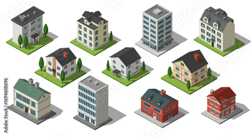 Isometric collection of diverse buildings and houses in modern urban design