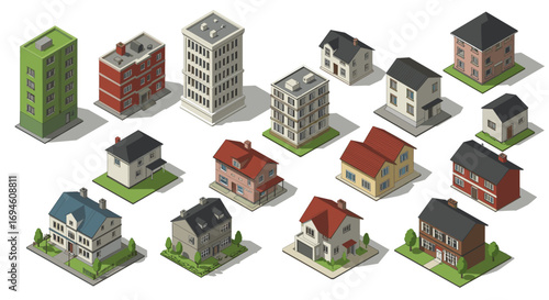 Isometric buildings collection: urban and suburban architecture designs