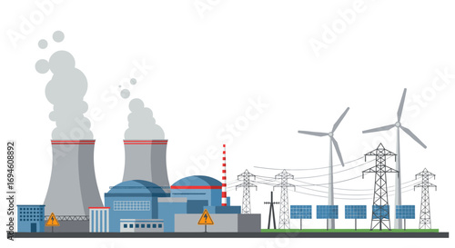 Renewable energy and nuclear power plant with wind turbines and solar panels