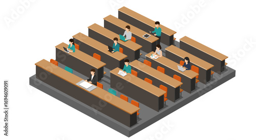 Isometric classroom with students studying in lecture hall