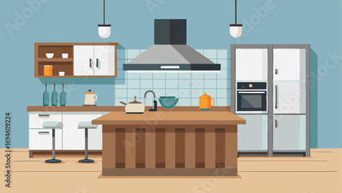 A kitchen with sleek stainless steel appliances and a large island made from a reclaimed wood butcher block.