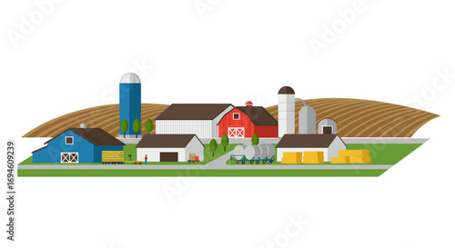 Flat style farm landscape with barns, silos, and fields in a rural setting