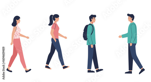 Group of cartoon people walking in casual clothing on white background