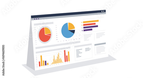 Isometric dashboard with colorful charts and graphs for data analysis