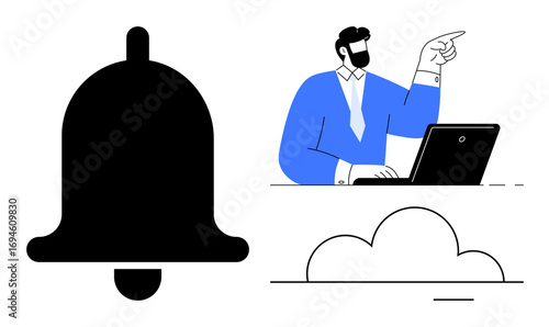 Bell icon representing alerts, man pointing while working on laptop, and cloud shape. Ideal for notification, workflow, communication, teamwork, productivity focus technology themes. Simple flat