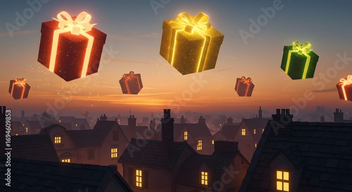 Festive gift boxes float in the twilight sky above a quaint town, celebrating a joyful season of giving and festive cheer.