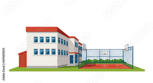 Modern school building with outdoor basketball court
