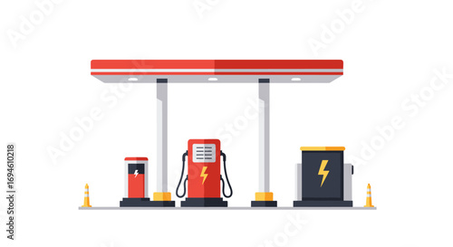 Modern electric and gasoline fuel station in flat design with charging and pump options