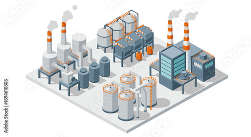 Isometric industrial plant with chimneys and storage tanks in modern design