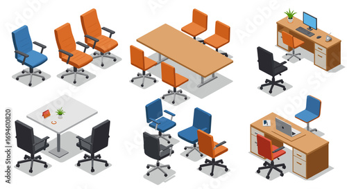 Modern office furniture set with chairs and desks in isometric design