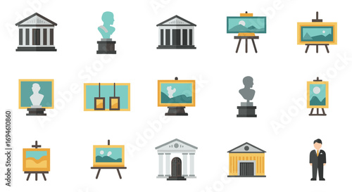 Flat style museum icons featuring art, architecture, and statues