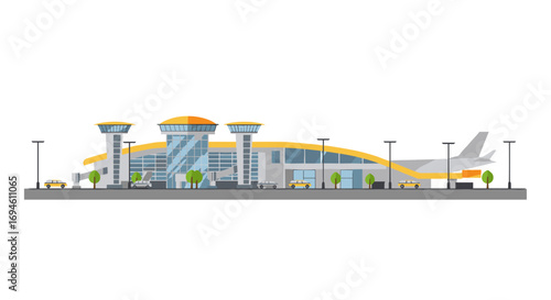 Modern airport terminal with taxiway and airplane in flat design