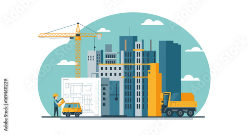 Urban construction scene with crane and buildings in flat design style
