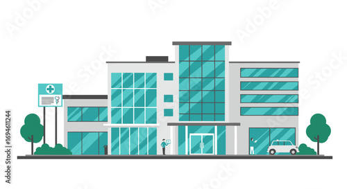 Modern hospital building with glass facade and parking area in minimalist style