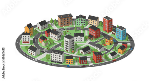 Isometric circular neighborhood with colorful buildings and streets