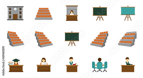 University classroom icons set featuring diverse lecture elements and student interactions