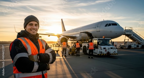 A smiling airport worker in reflective gear stands in front of an airplane, with ground crew members preparing for departure during sunset.