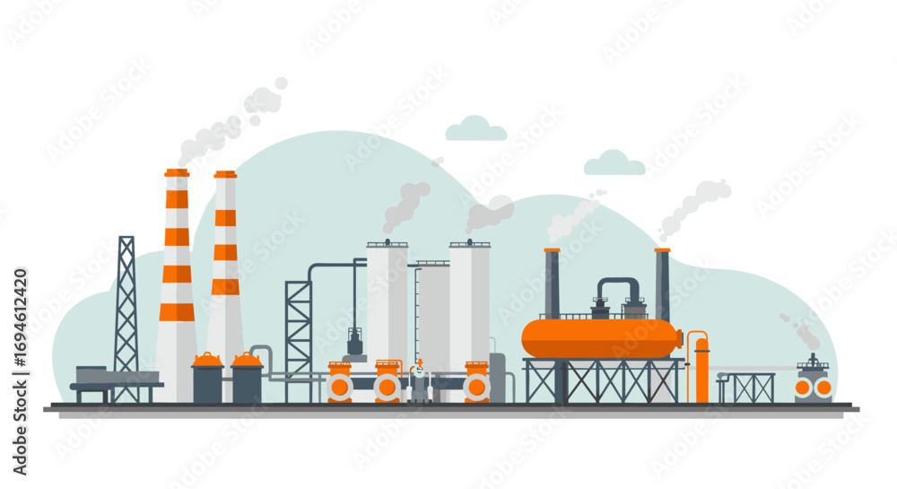 Obraz premium Industrial factory with smokestacks and equipment in flat design