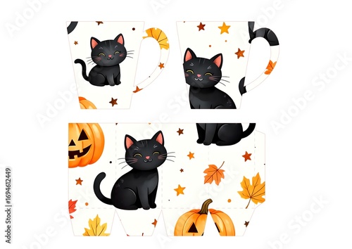 3D Printable Card Kit – Two Black Cats on Autumn Mug with Pumpkins & Stars