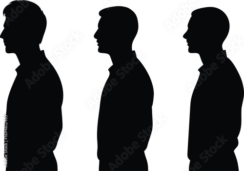 Three Man Silhouette Profiles, Side View of Heads and Shoulders on White Background
