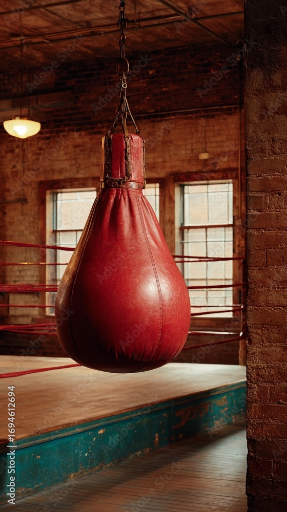 Fototapeta premium A Striking Still Life Red Speed Bag Suspended from Platform Perfect for Boxing Training or Fitness Inspiration