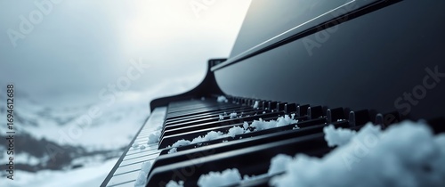 Grand piano covered in snow in a winter wonderland