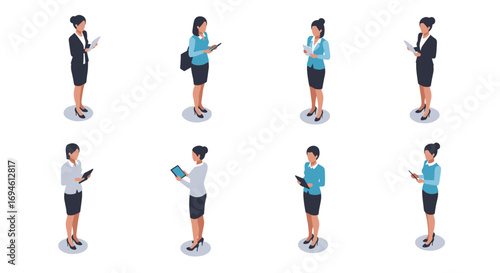 Isometric businesswoman set: professional women with devices and office attire